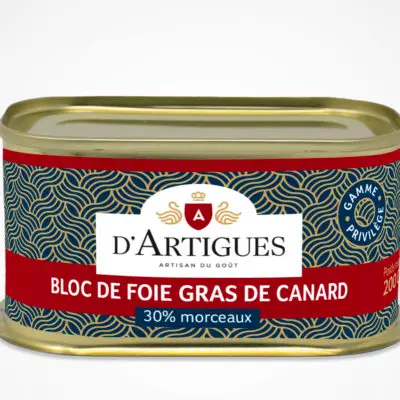 Conserve de bloc de foie gras de canard 30% morceaux d'Artigues