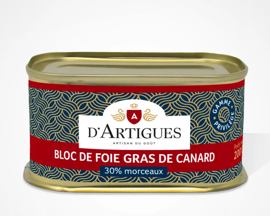 Conserve de bloc de foie gras de canard 30% morceaux d'Artigues